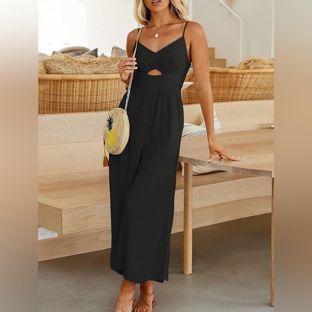 NWOT - ANRABESS Black Spaghetti Straps V Neck Cutout Wide leg Jumpsuit